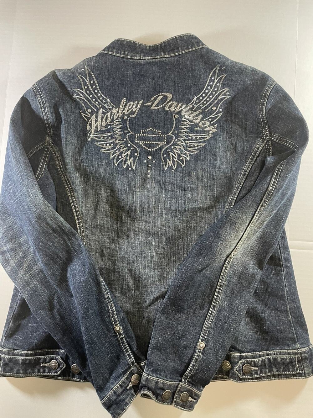 HARLEY-DAVIDSON Y2K Rhinestone Studded Embroidered Zip Lt Denim Jacket XL. (16)